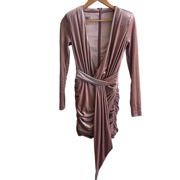 House of CB Farrah Pink Blush Velvet Gathered Deep V Mini Dress Size XS - Picture 2 of 9